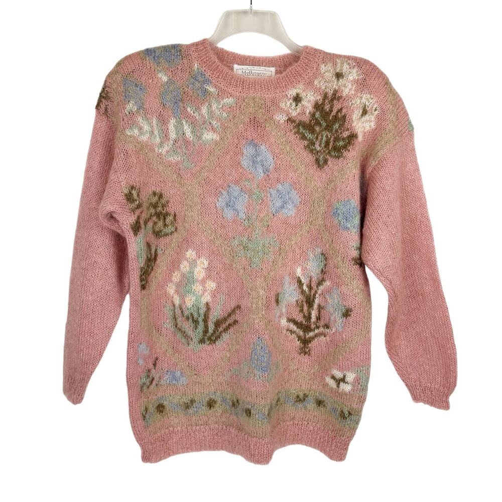 VTG Melbourne Elements Pink Floral Fuzzy‎ Knit Mohair Wool Sweater Women's Large